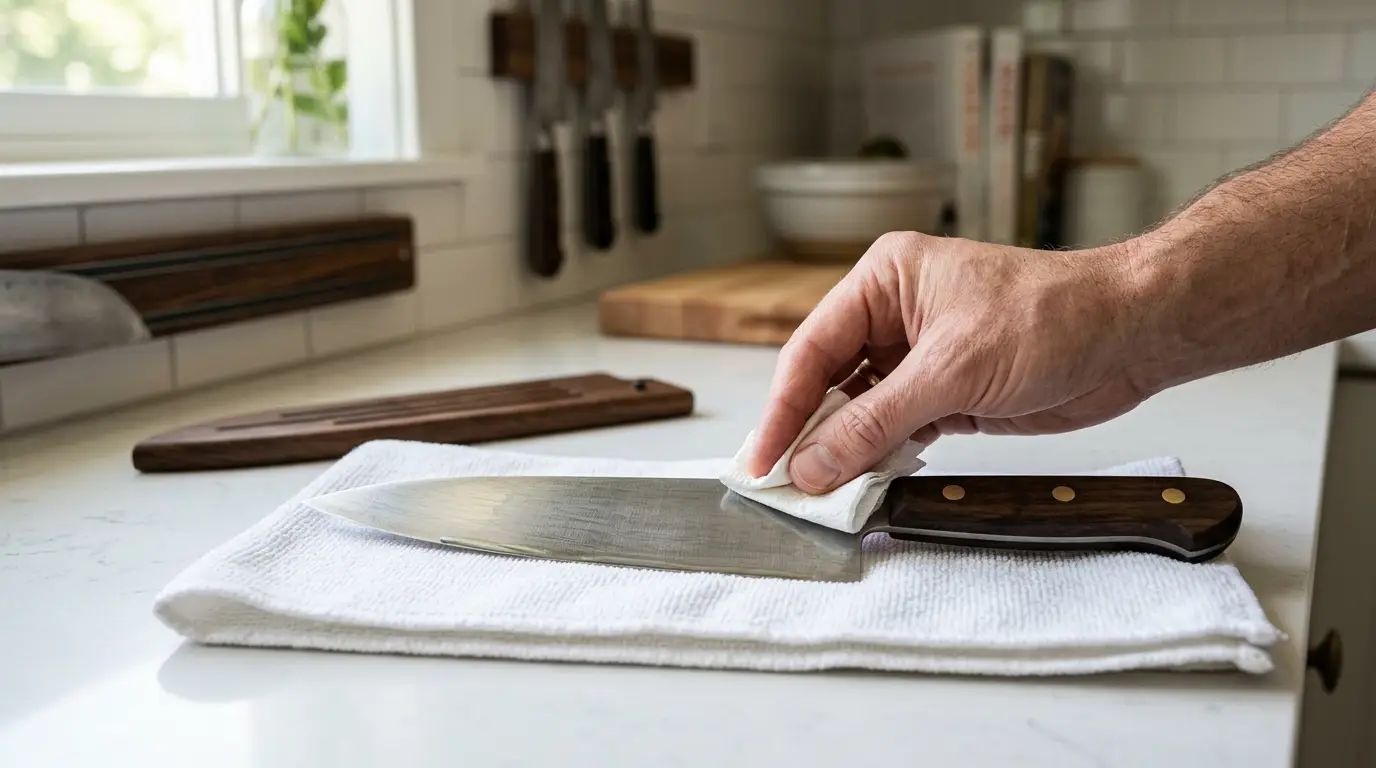 A fully dried knife receiving a thin coat of food-safe mineral oil before storage on a dry magnetic strip.