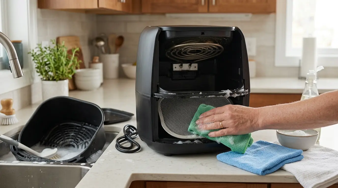 The roof near an air fryer heating element being wiped after a greasy cook while the basket and tray are washed separately.