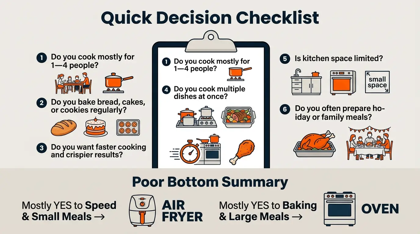 Checklist infographic helping readers decide whether an air fryer or an oven better fits their cooking habits.
