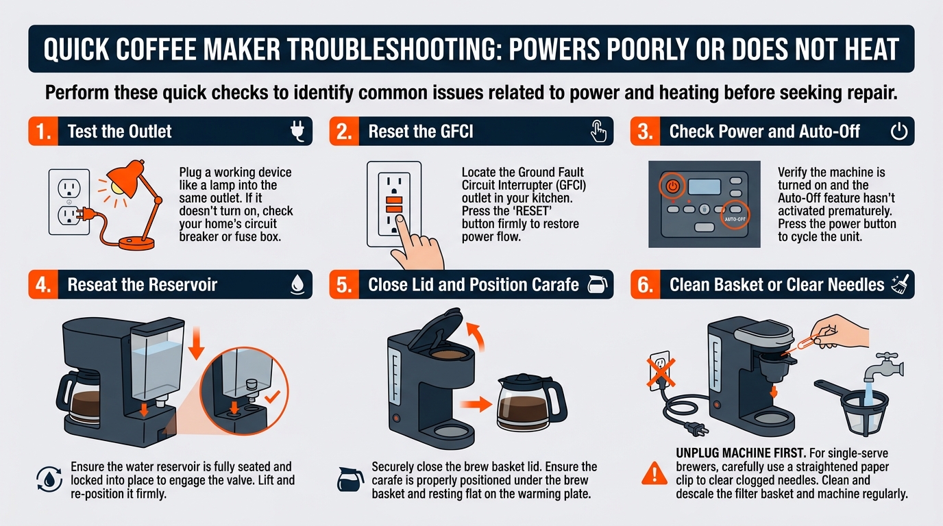 A six-step checklist showing outlet testing, GFCI reset, reservoir alignment, lid and carafe placement, brew basket cleaning, and needle clearing.