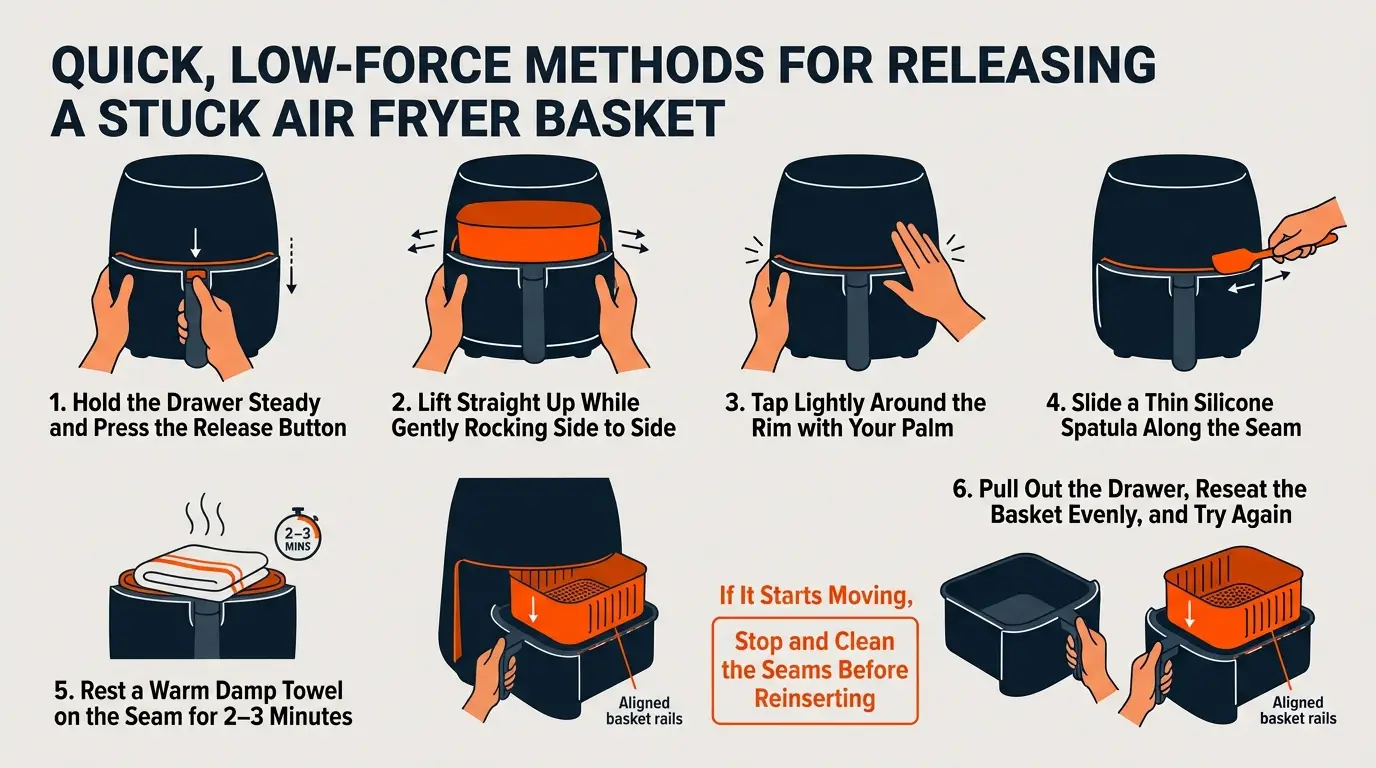 A step-by-step guide showing release-button use, gentle wiggling, palm tapping, silicone seam cleaning, warm towel treatment, and realignment.