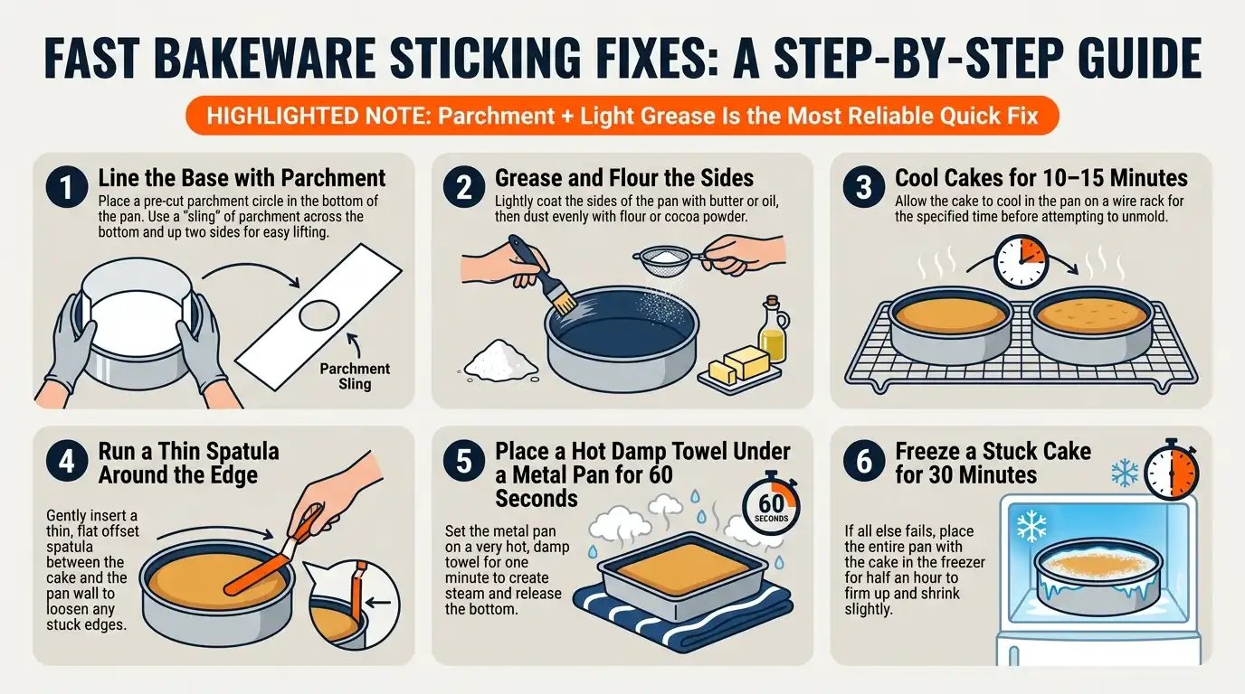A step-by-step guide showing parchment lining, greasing and flouring, cooling, edge release, warm towel loosening, and freezing a stuck cake.