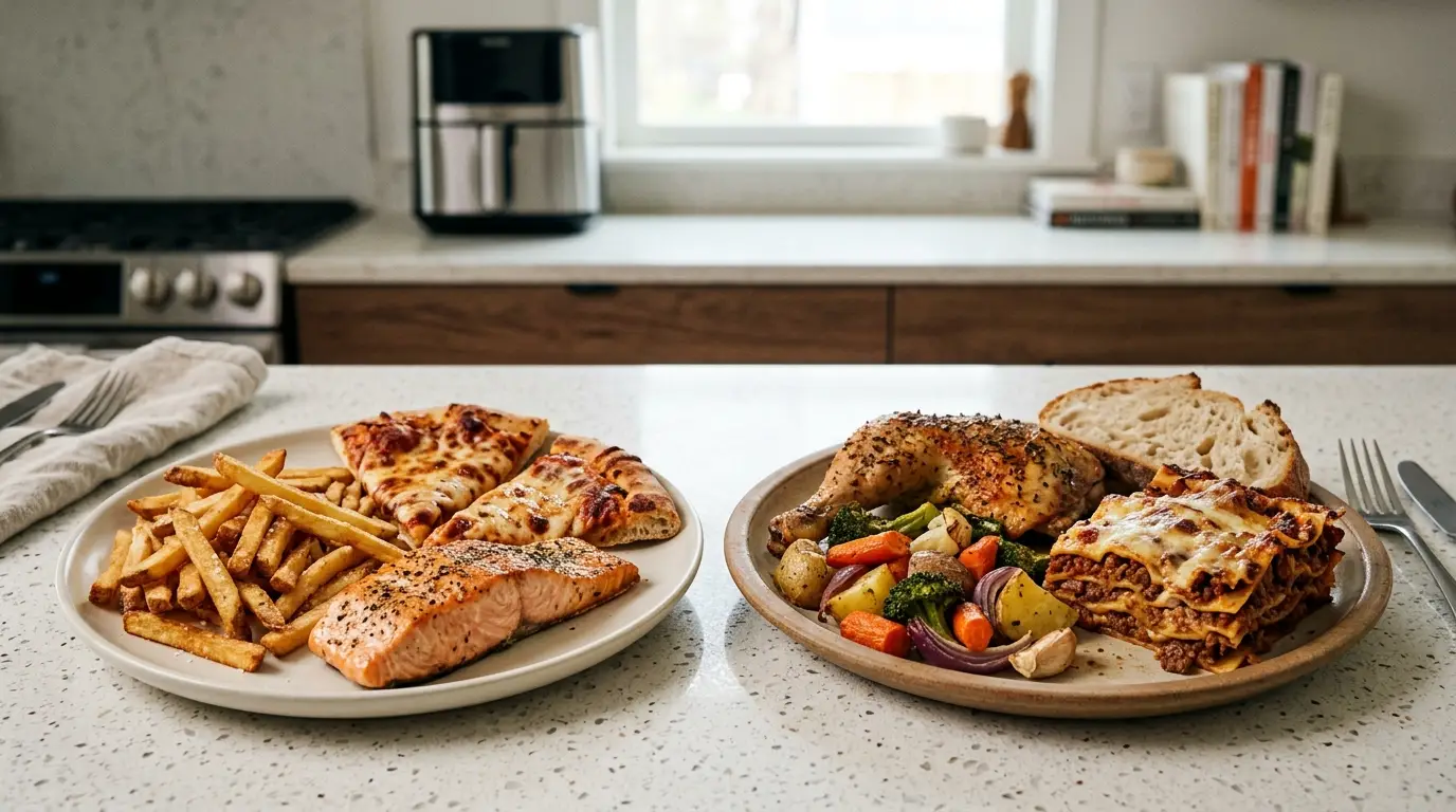 Side-by-side cooked foods showing crispy air fryer fries and evenly roasted oven meal.