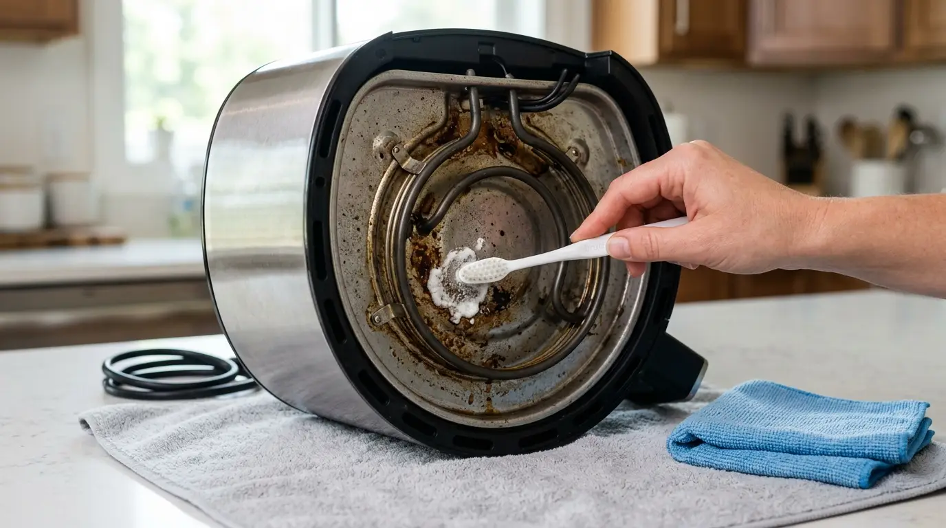 Baking soda paste being dabbed onto stubborn grease near an air fryer heating element with a soft brush and damp cloth.