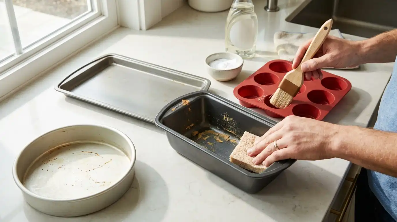 Metal, nonstick, and silicone bakeware being cleaned with mild soap, baking soda paste, and soft non-scratch tools.