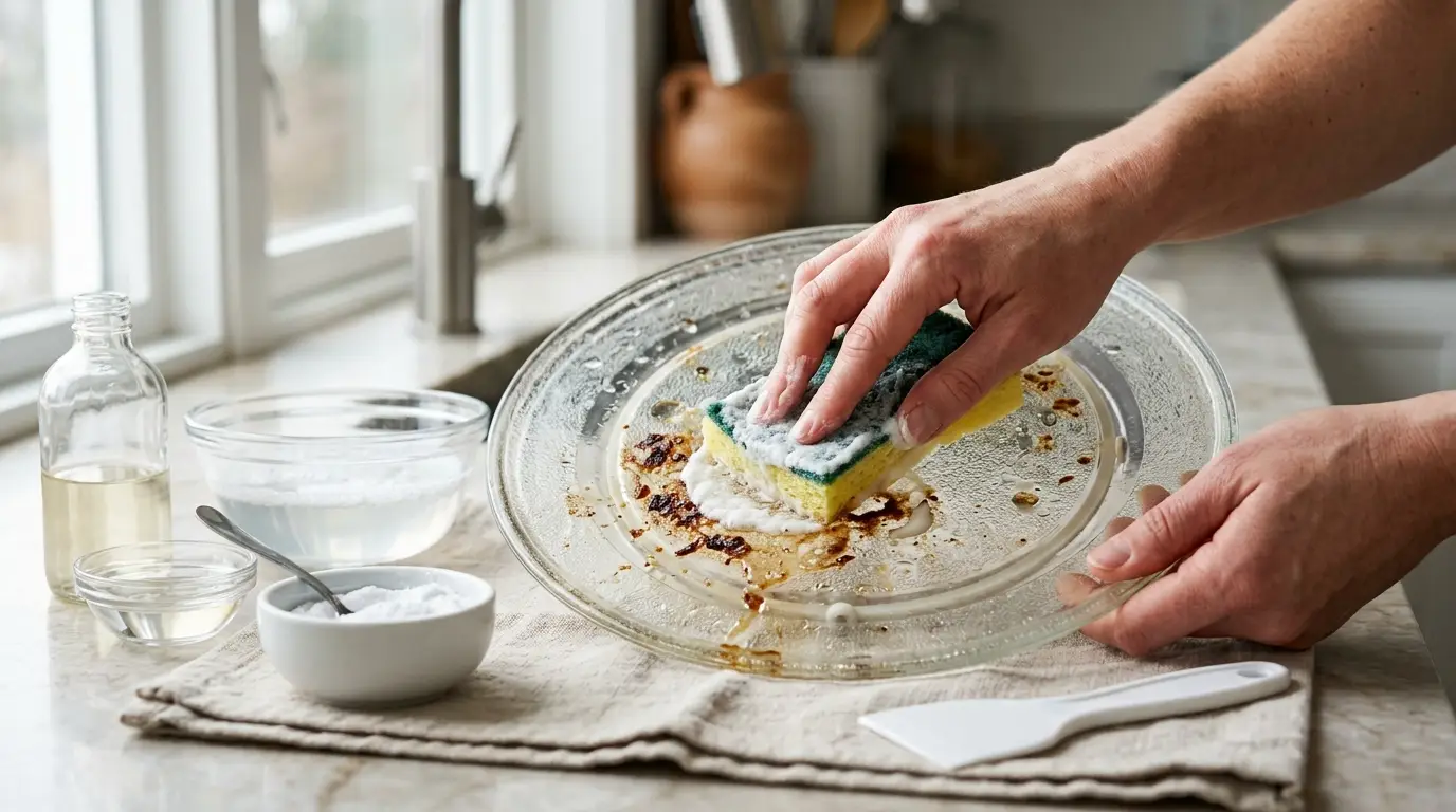 Hands applying baking soda paste to stuck food on a cooled microwave tray before lifting residue with a plastic scraper.