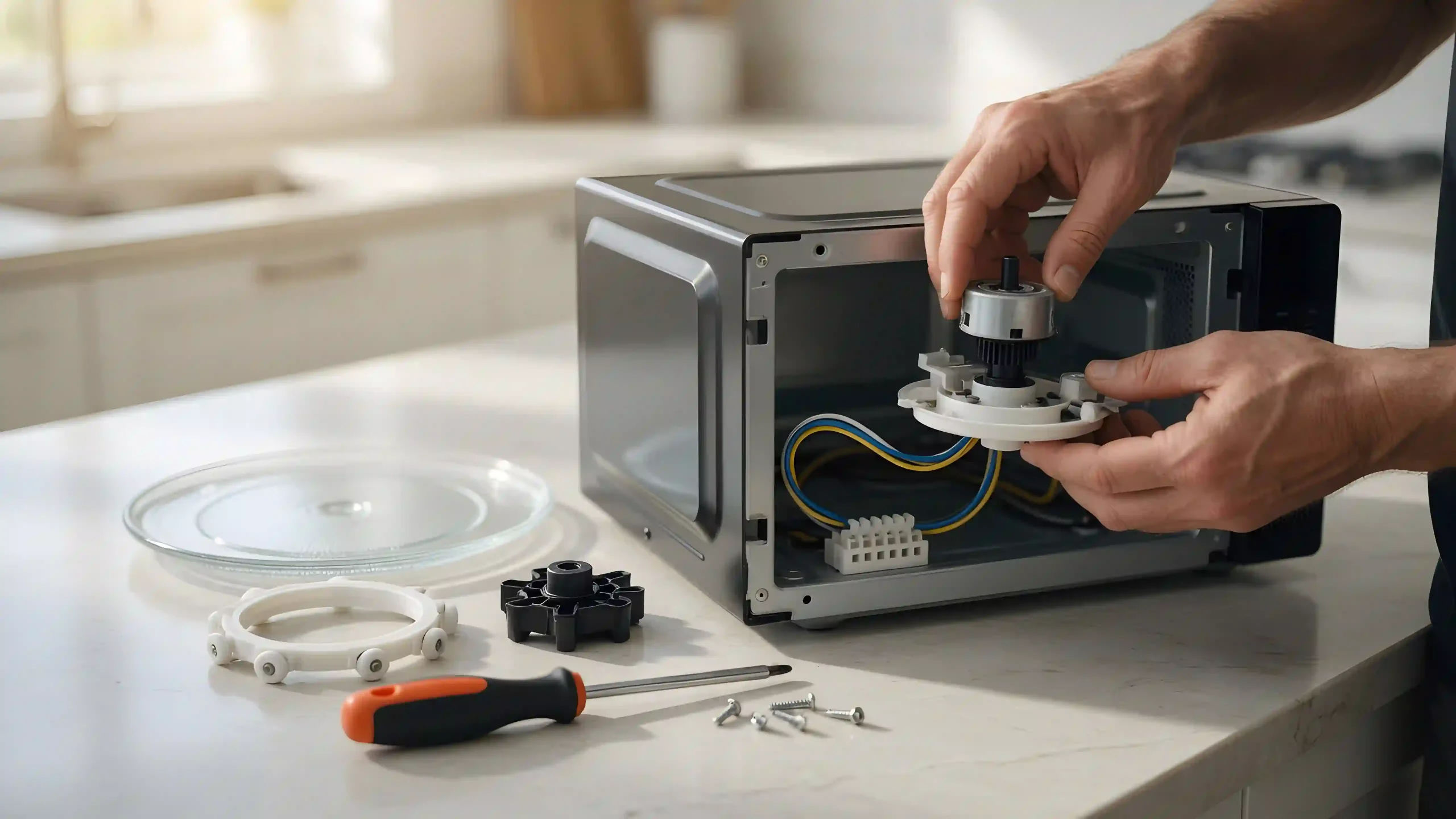 Hands replacing a microwave turntable motor underneath the appliance while the drive coupler and glass tray have been removed.