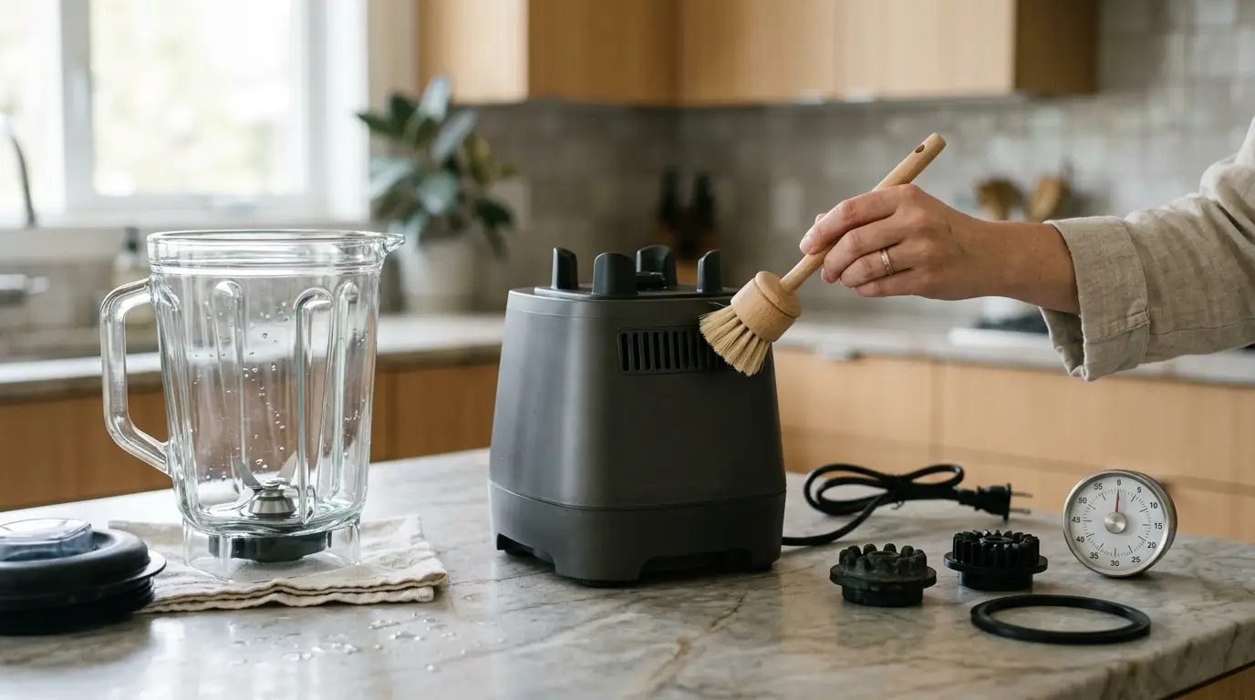 A clean blender jar, dust-free motor vents, intact drive coupler, and timer arranged for preventive blender maintenance.