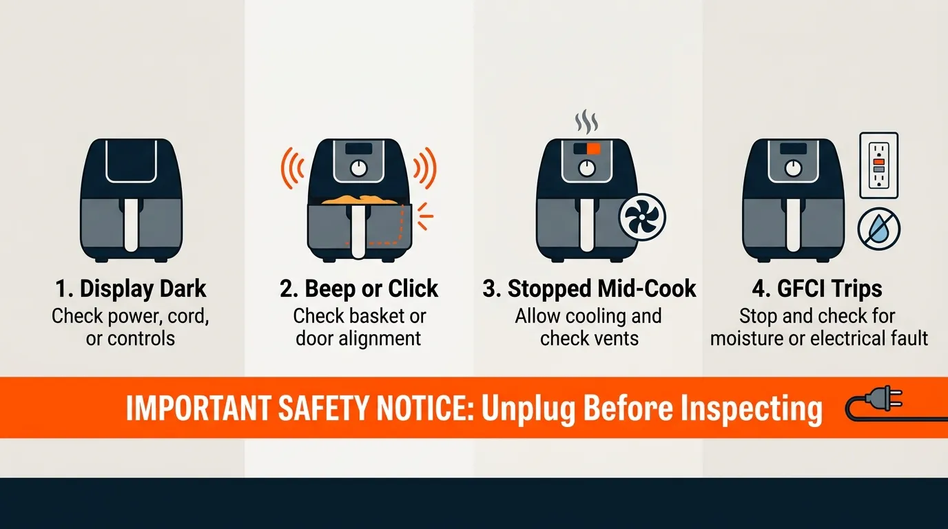 Unplugged air fryer being safely inspected for a dark display, basket alignment, and signs of overheating