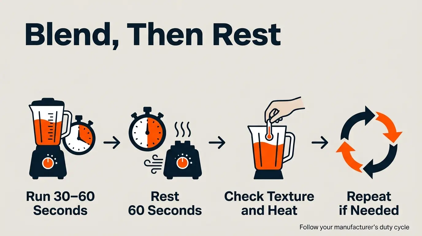 Infographic showing short blender run times followed by equal rest periods to reduce motor heat.