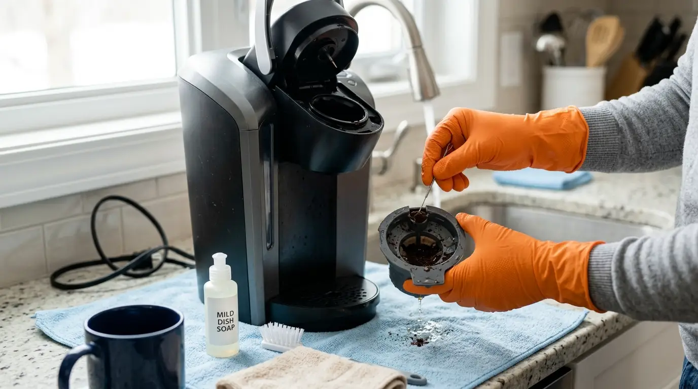 An unplugged pod coffee maker being cleaned with its removable pod holder, a soft brush, warm water, and an approved needle-cleaning tool.
