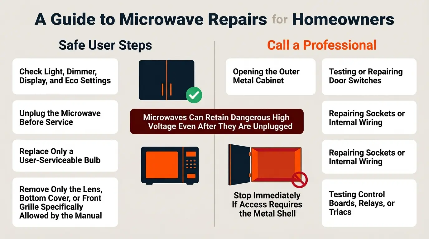 An infographic separating safe user-serviceable microwave light tasks from dangerous internal repairs requiring a qualified technician.