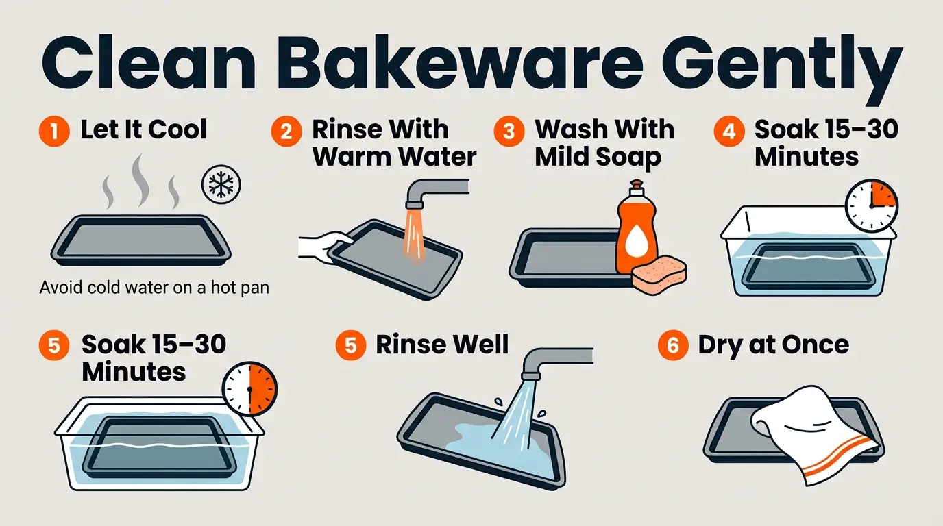 Step-by-step infographic showing how to cool, rinse, wash, soak, rinse again, and fully dry bakeware.