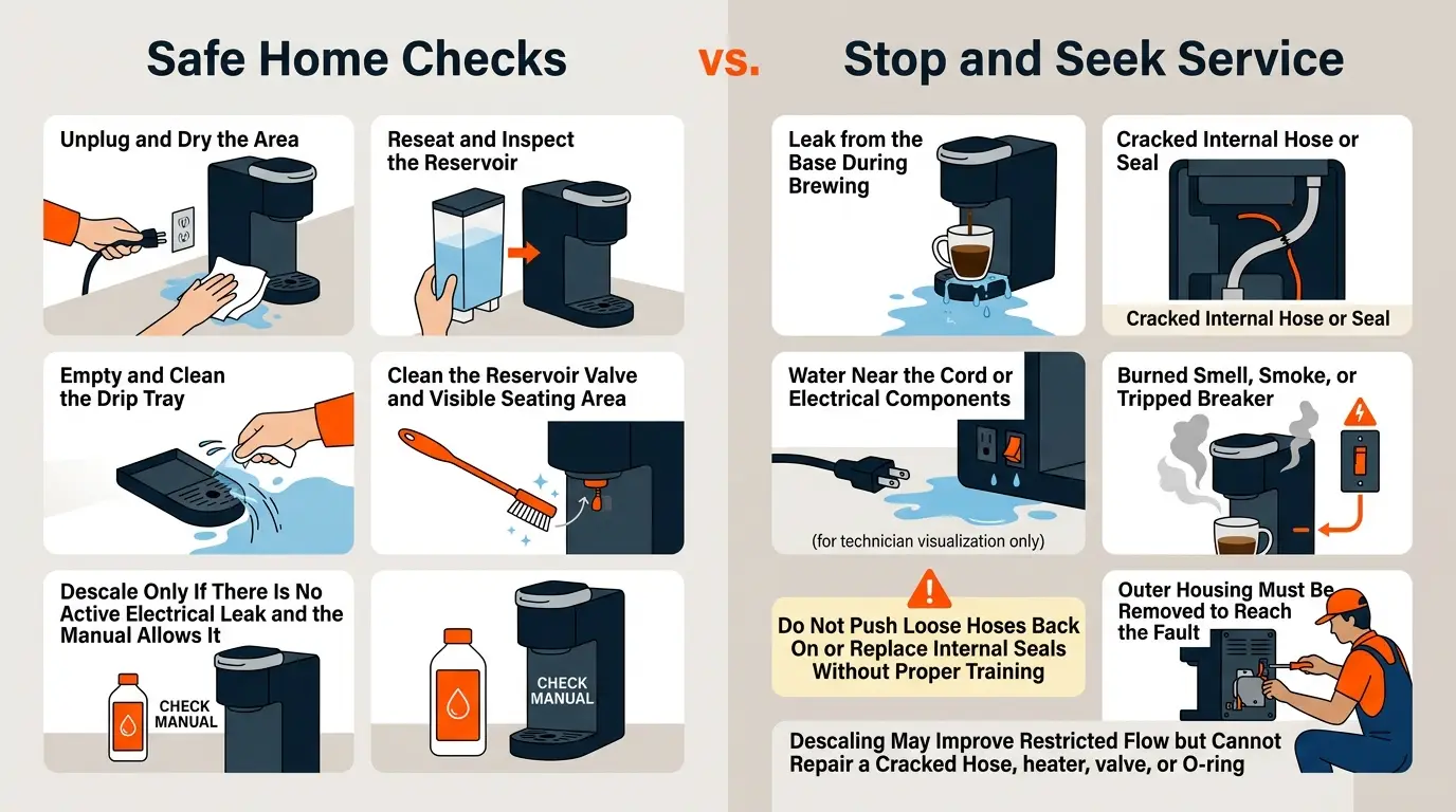 A comparison guide showing safe reservoir cleaning, descaling, and drip-tray checks versus unsafe internal hose, wiring, and heater repairs.