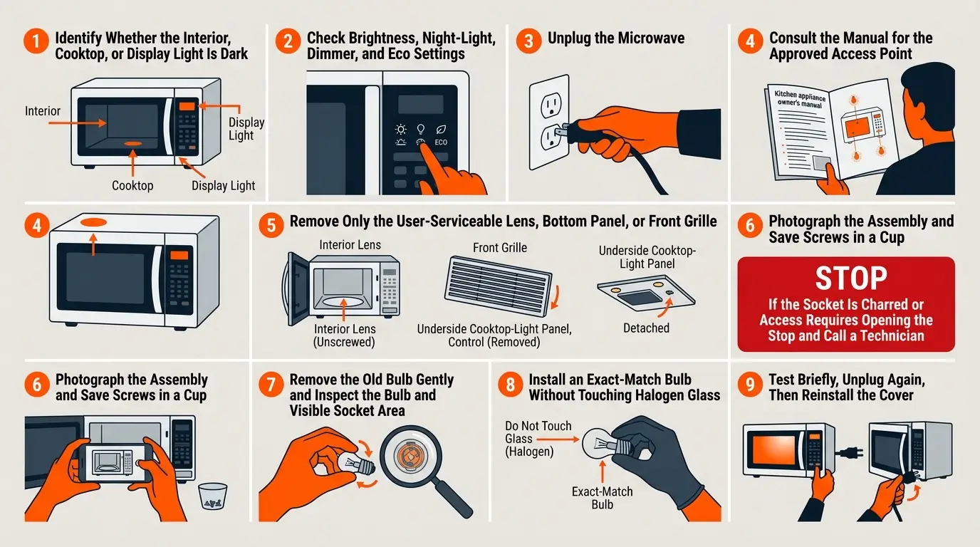 A step-by-step guide showing light identification, setting checks, unplugging, safe access, bulb inspection, exact replacement, testing, and reassembly.