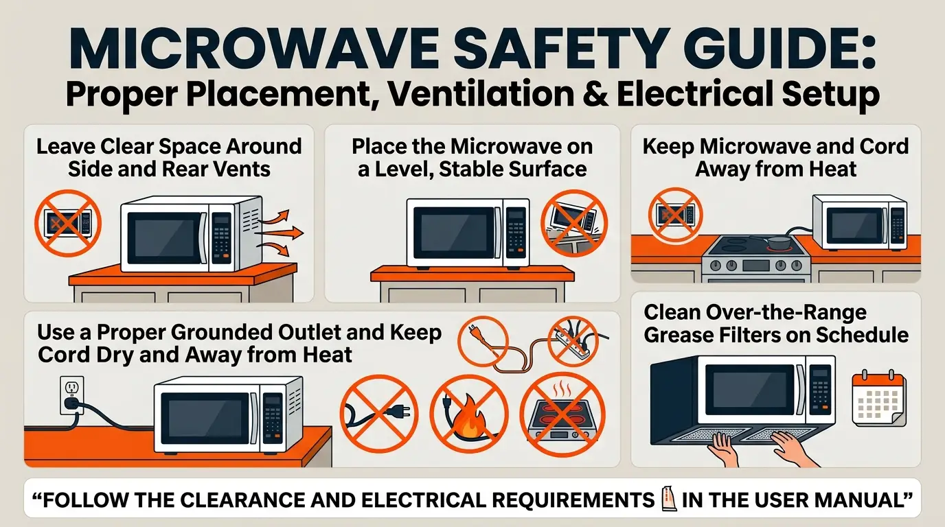 A guide showing clear ventilation, stable placement, grounded power, dry cords, and grease-filter maintenance.