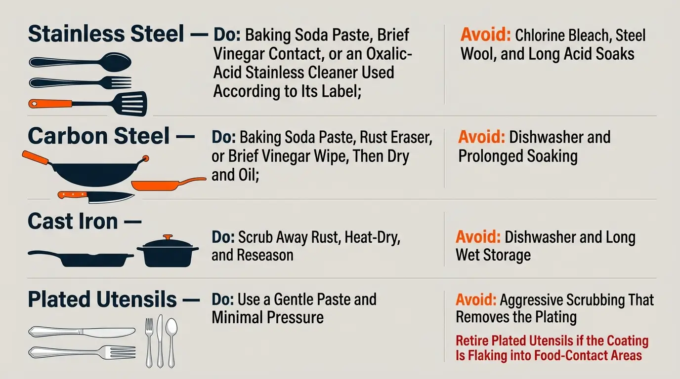 A comparison of safe rust-removal methods and practices to avoid for stainless steel, carbon steel, cast iron, and plated utensils.