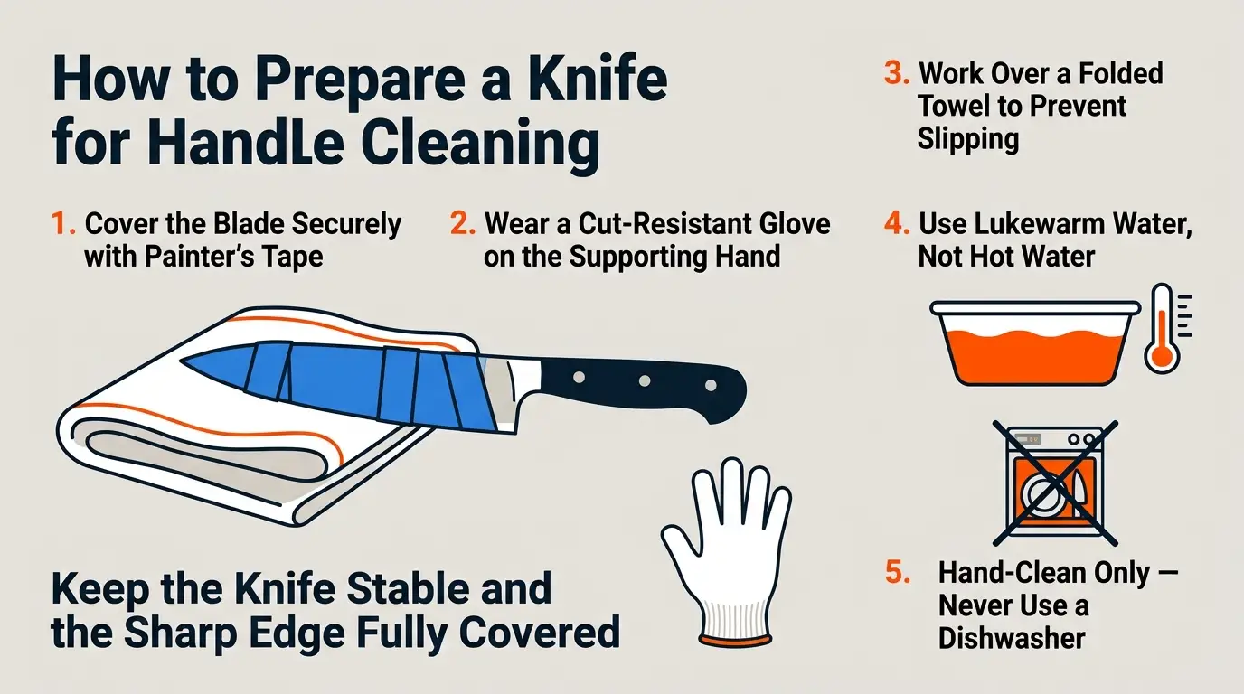 A safety checklist showing blade taping, cut-resistant gloves, towel support, lukewarm water, and hand washing instead of dishwashing.
