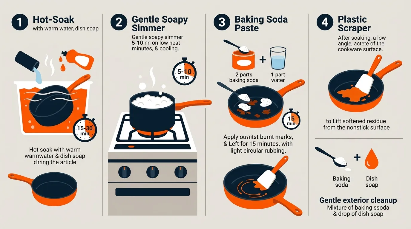 Step-by-step nonstick pan cleaning process using a hot soak, soapy simmer, baking soda paste, and plastic scraper