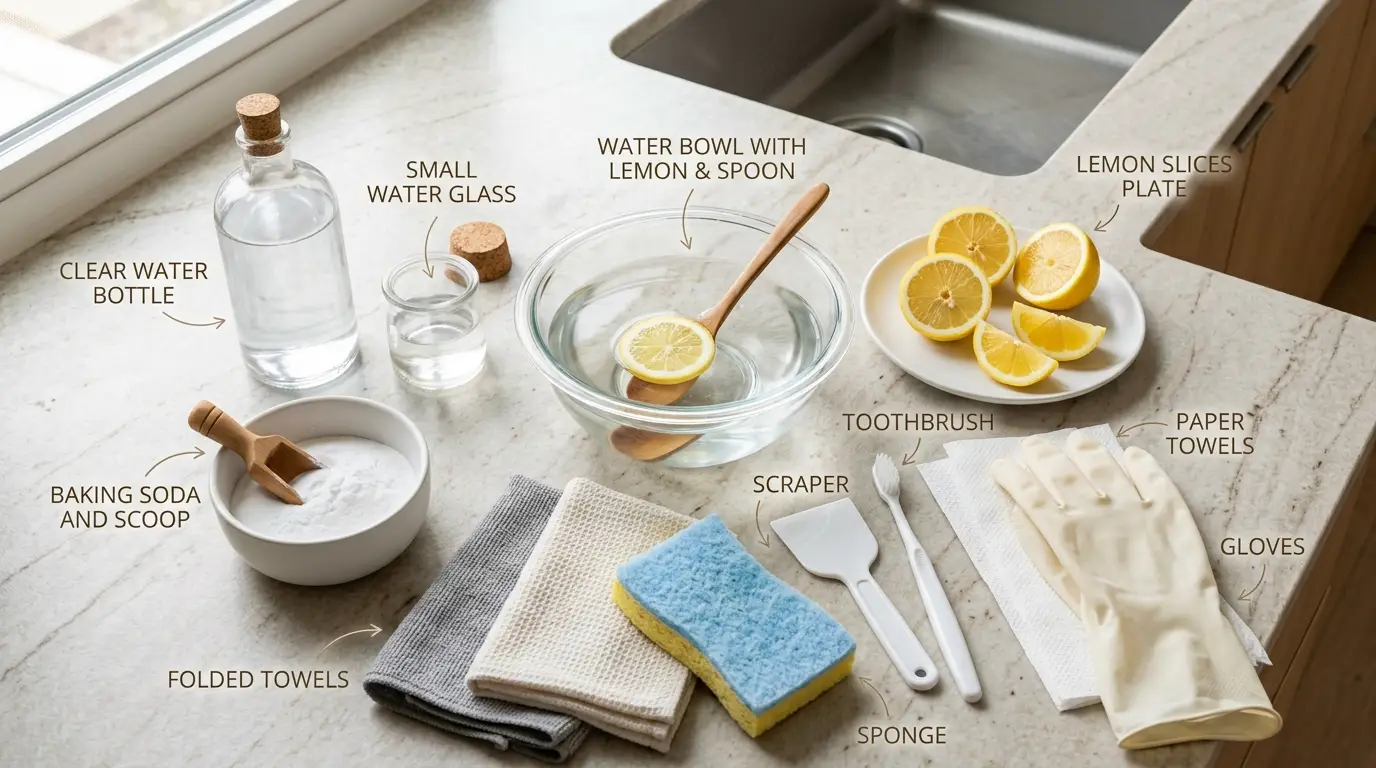 Dish soap, vinegar, lemon, baking soda, microfiber cloths, a soft sponge, brush, and plastic scraper arranged for microwave cleaning.