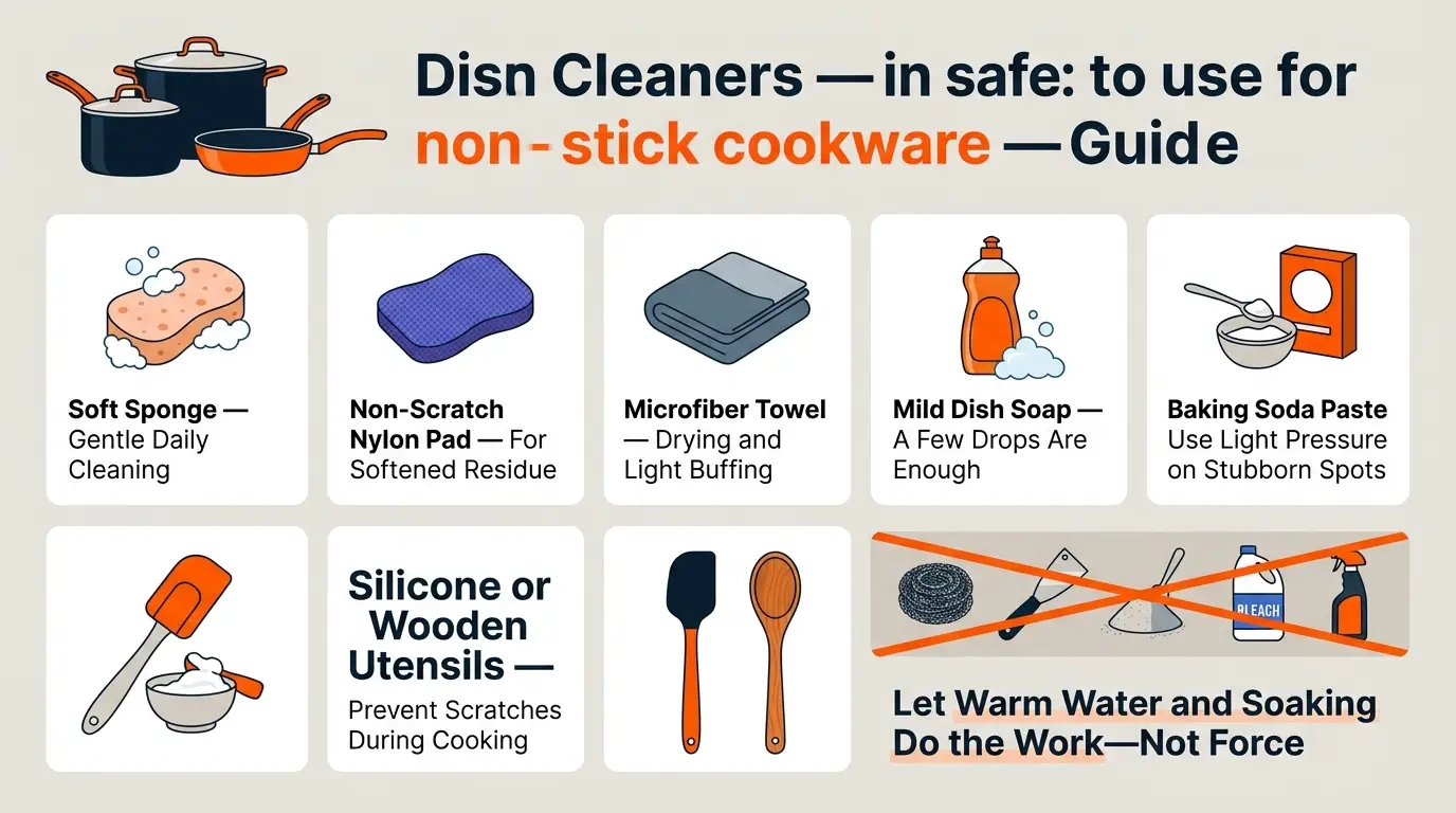 An infographic showing soft sponges, nylon brushes, microfiber towels, mild dish soap, baking soda paste, and silicone or wooden utensils.