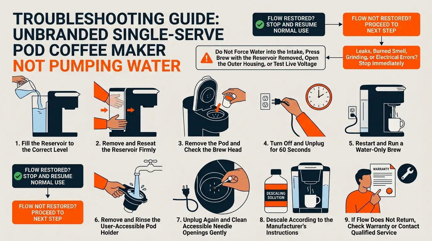 A step-by-step guide showing reservoir checks, a power reset, water-only brewing, pod-holder cleaning, needle cleaning, descaling, and professional service.