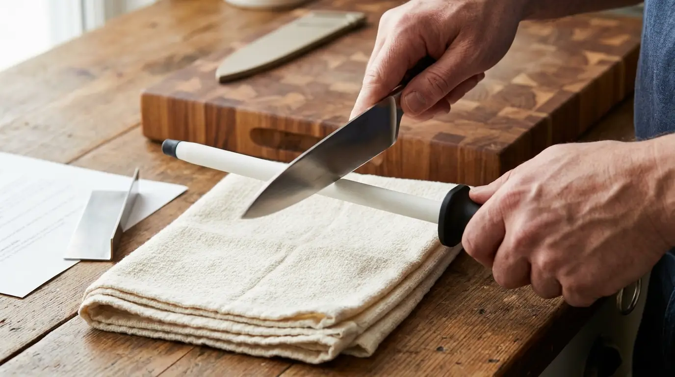 A kitchen knife being honed at a controlled angle on a ceramic rod secured vertically on a folded towel.