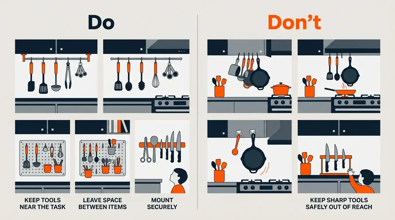 A do-and-don’t guide showing rails, hooks, pegboards, and magnetic strips used safely for kitchen gadget storage.