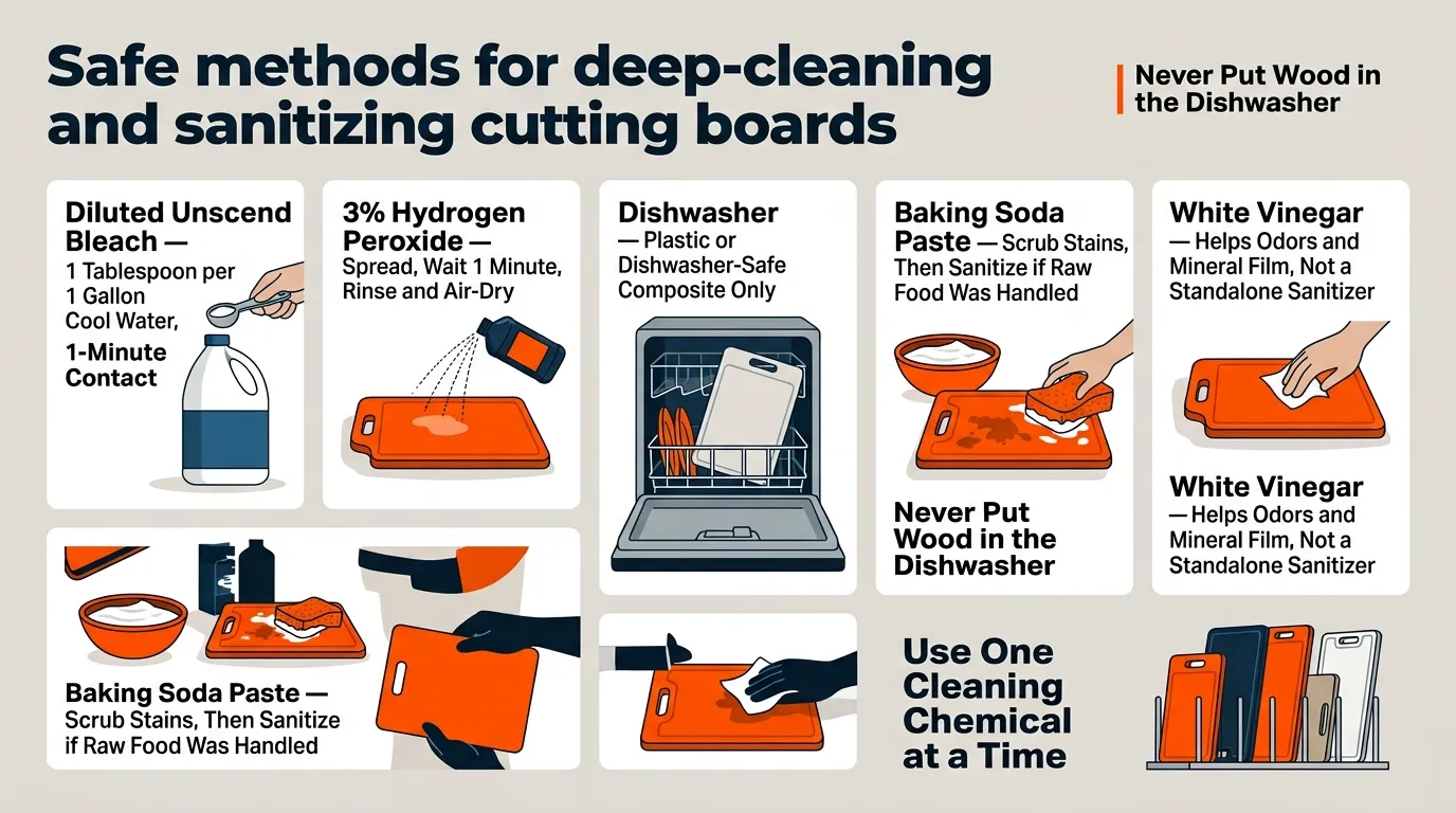 A sanitizing guide showing diluted bleach, hydrogen peroxide, dishwasher use for suitable boards, baking soda for stains, and vinegar for odors.