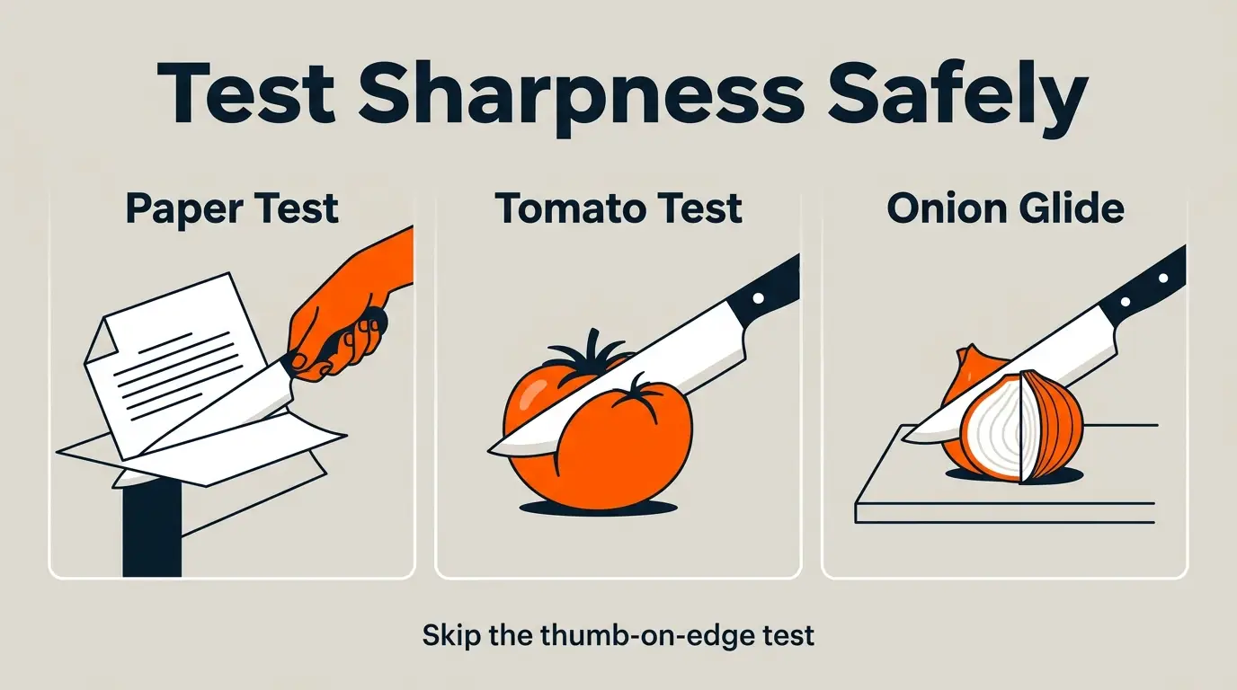 Infographic showing the paper, tomato, and onion tests used to check a kitchen knife safely.