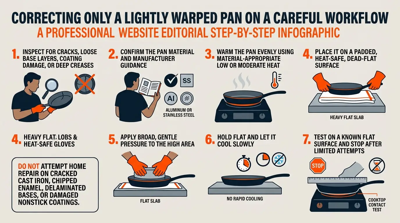 A step-by-step guide showing inspection, even warming, padded support, gentle pressure, slow cooling, and flatness testing.