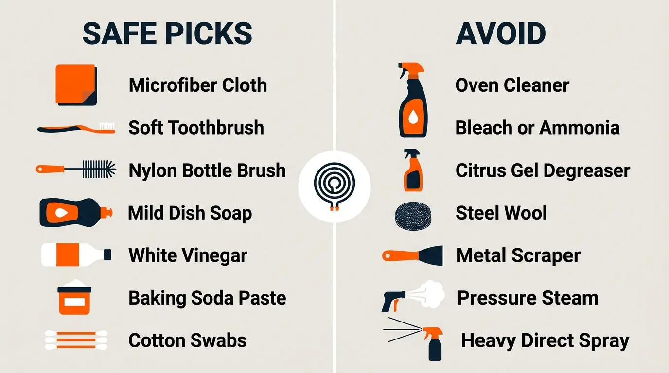 Do and don’t infographic comparing safe soft cleaning tools with harsh chemicals, metal scrapers, and heavy sprays.