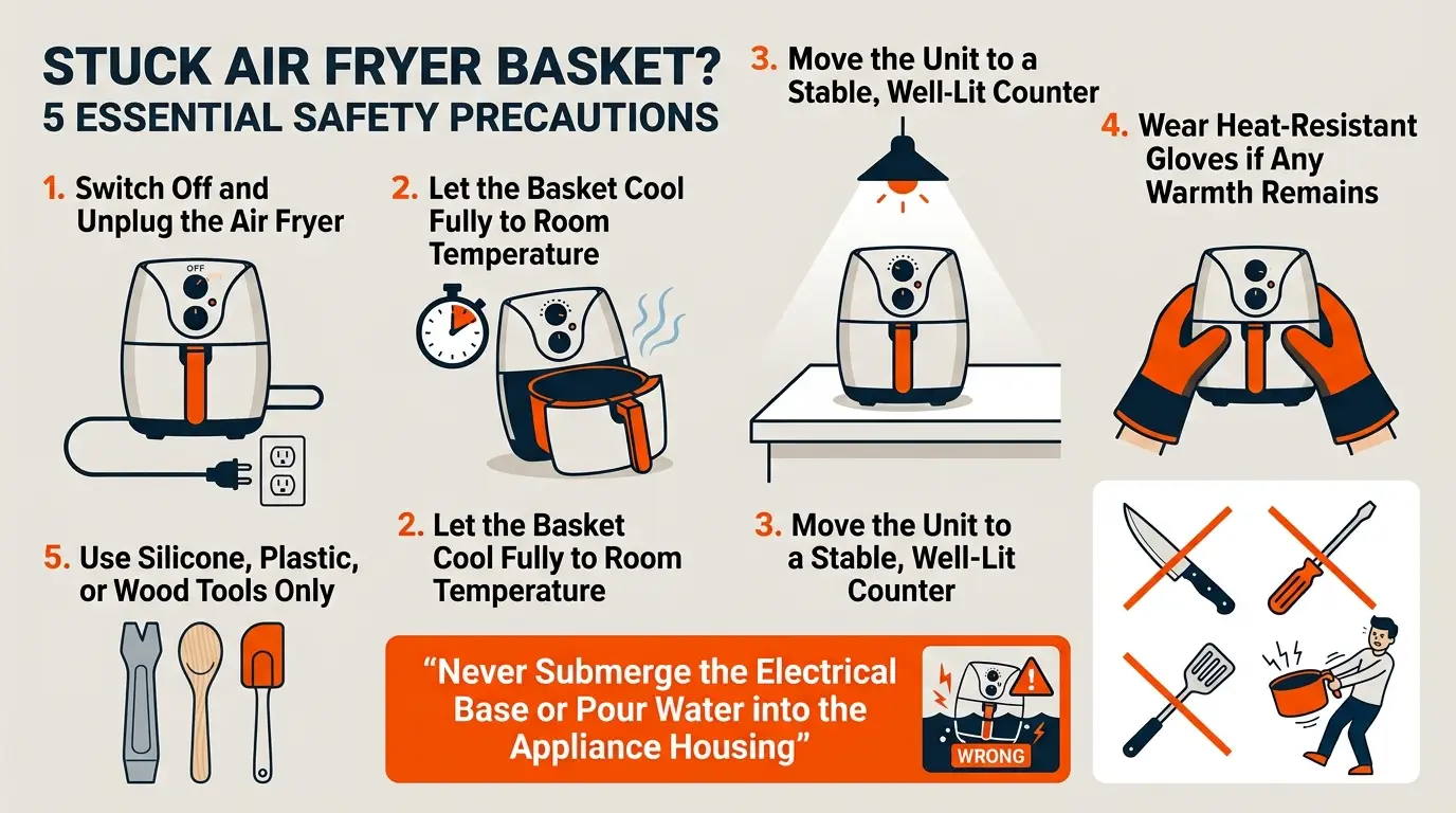 A safety checklist showing unplugging, cooling, stable placement, protective gloves, and avoiding sharp metal tools.