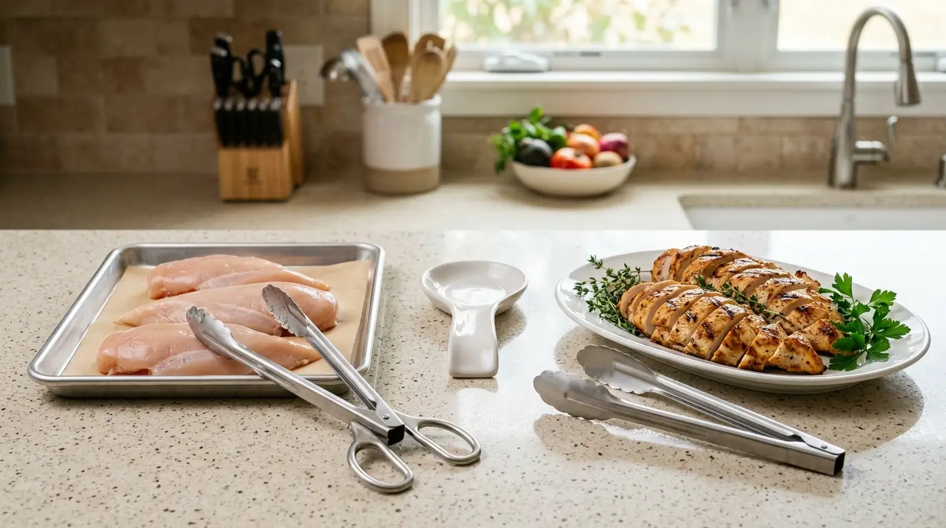 Two separate pairs of kitchen tongs used for raw chicken and cooked food on different plates to prevent cross-contamination.