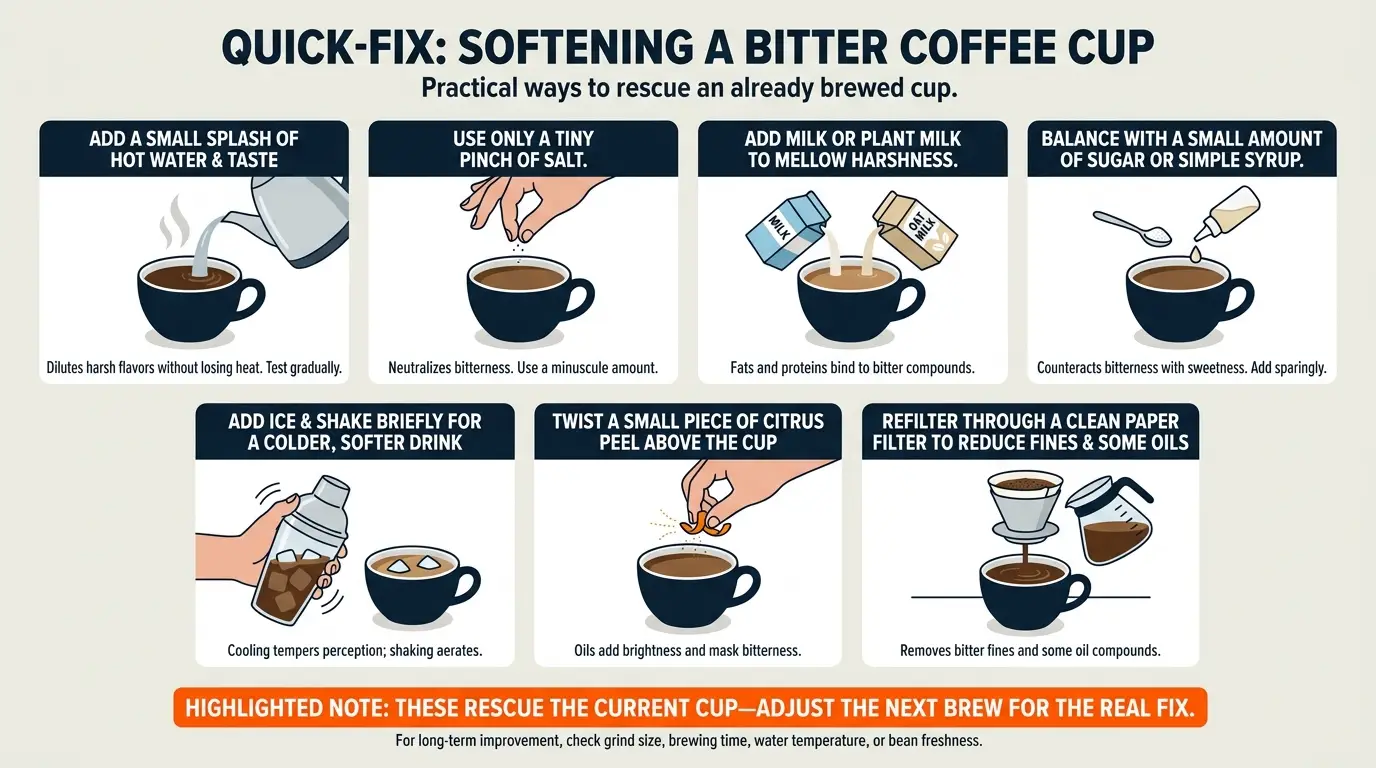 A quick-fix guide showing dilution, a tiny pinch of salt, milk, sugar, ice, citrus peel oil, and paper refiltering.
