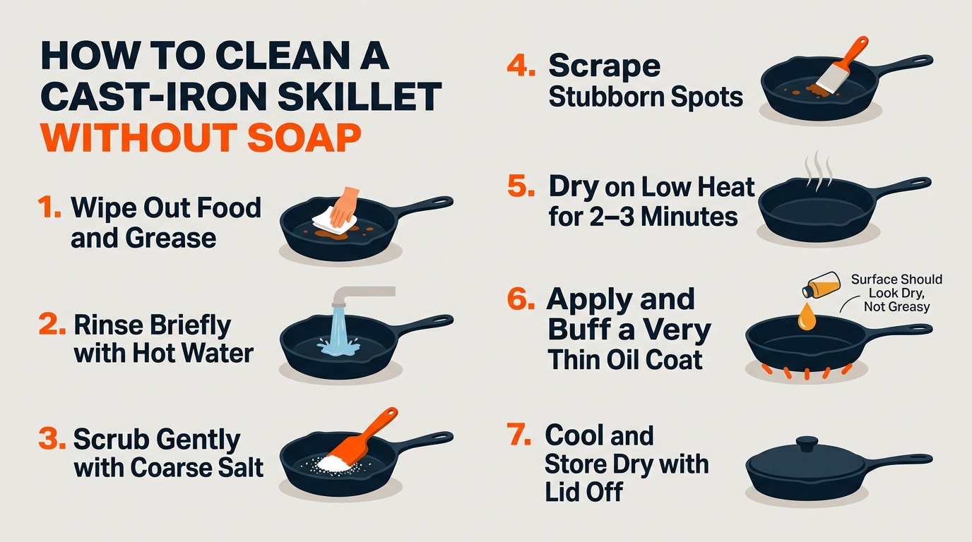 A seven-step cast-iron cleaning routine showing wiping, rinsing, salt scrubbing, scraping, heat-drying, oiling, and open-air storage.