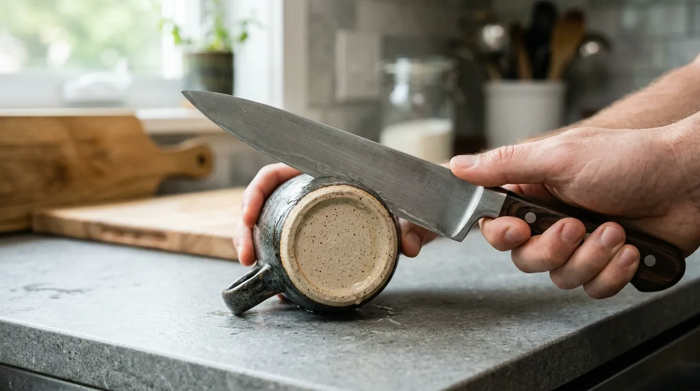 Chef’s knife being sharpened against the unglazed ceramic rim of an upside-down mug