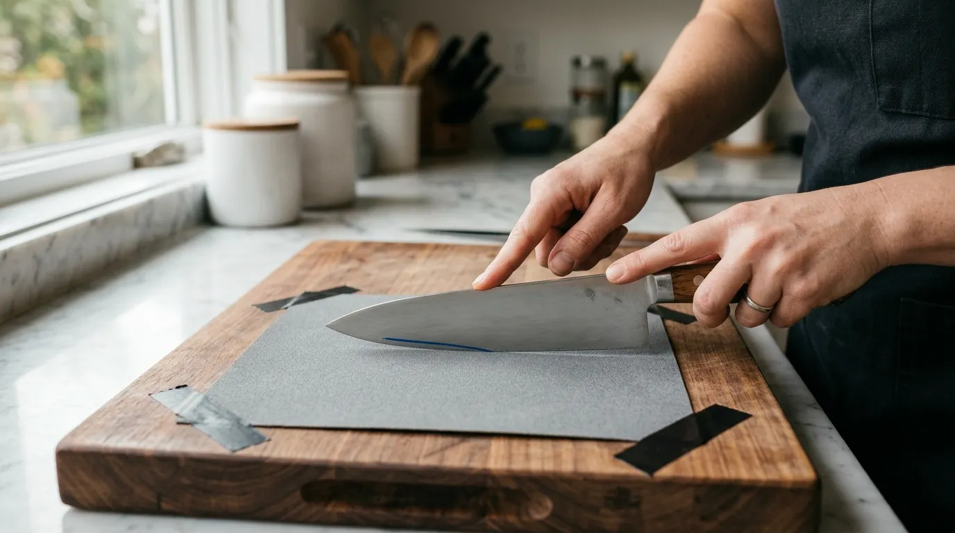 Kitchen knife being sharpened on fine sandpaper secured to a flat cutting board