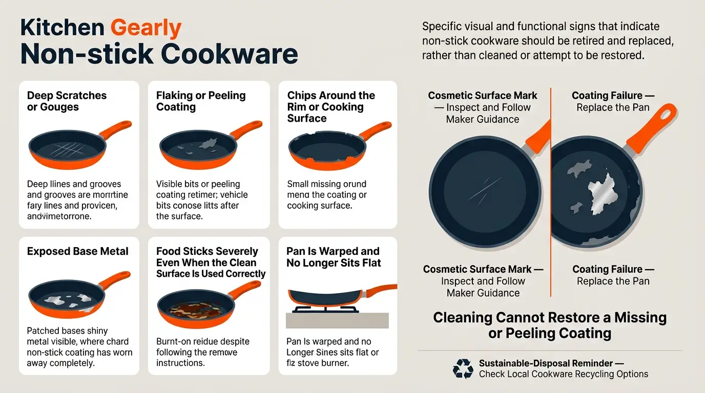 A checklist showing deep scratches, flaking, chipped coating, exposed metal, persistent sticking, and severe warping as replacement signs.