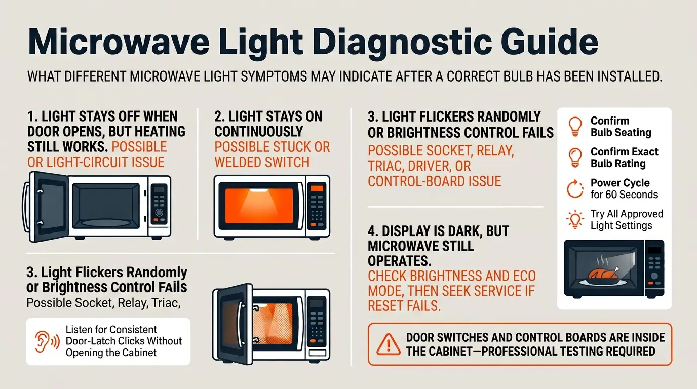 A diagnostic guide showing symptoms of microwave door-switch, socket, display, and control-board problems that require professional service.