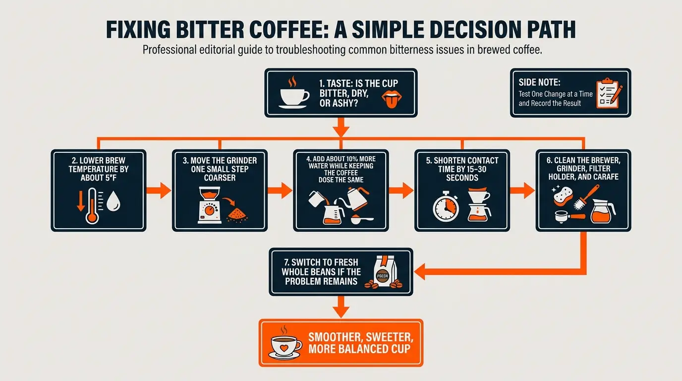 A troubleshooting checklist showing tasting, cooler water, coarser grinding, more water, shorter brewing, equipment cleaning, and fresher beans.