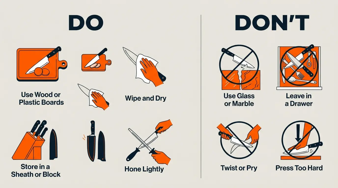 A clean chef’s knife stored safely on a magnetic strip beside a wooden cutting board, sheath, and drying cloth.