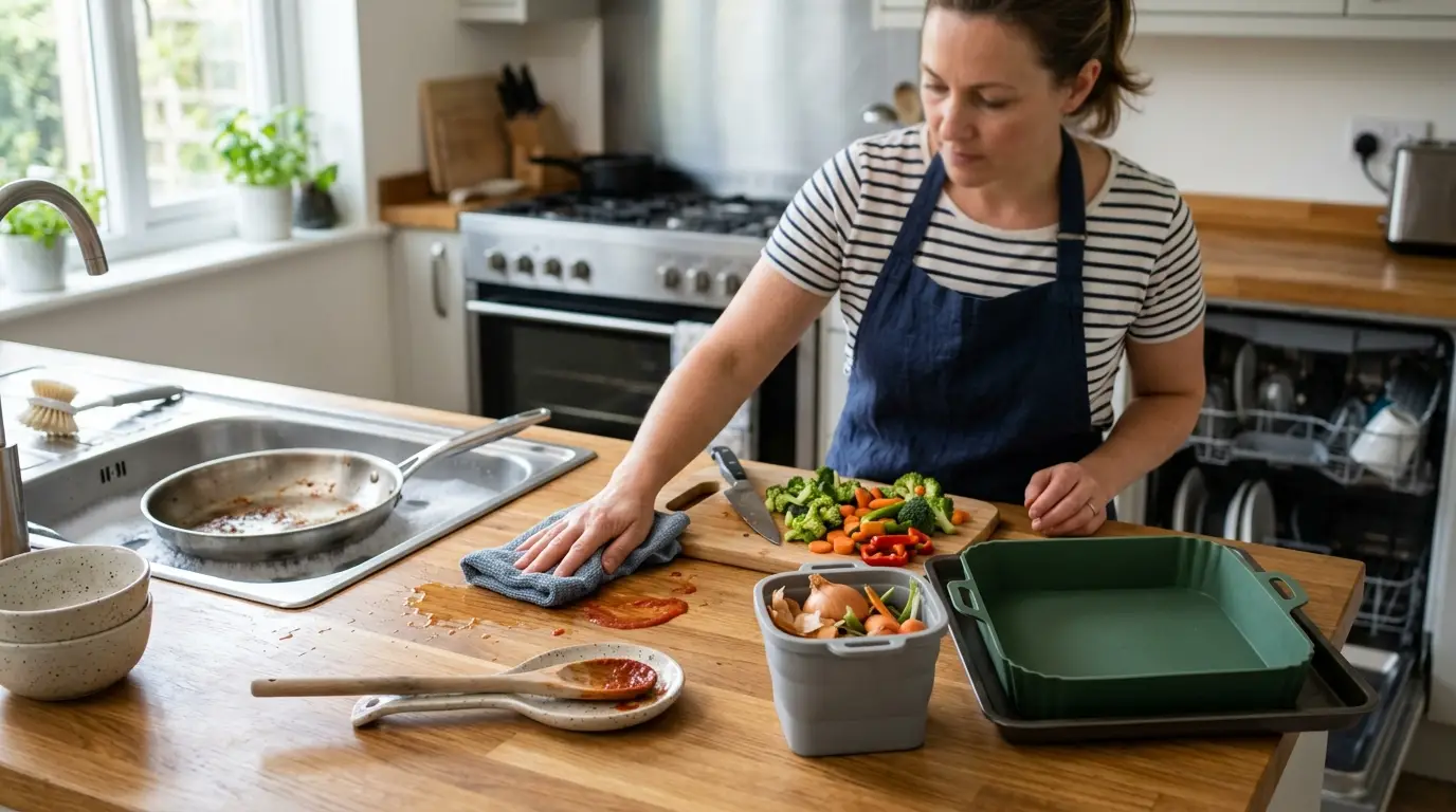 A cooking station using a spoon rest, compost bowl, lined tray, and warm soapy pan soak to reduce cleanup later.