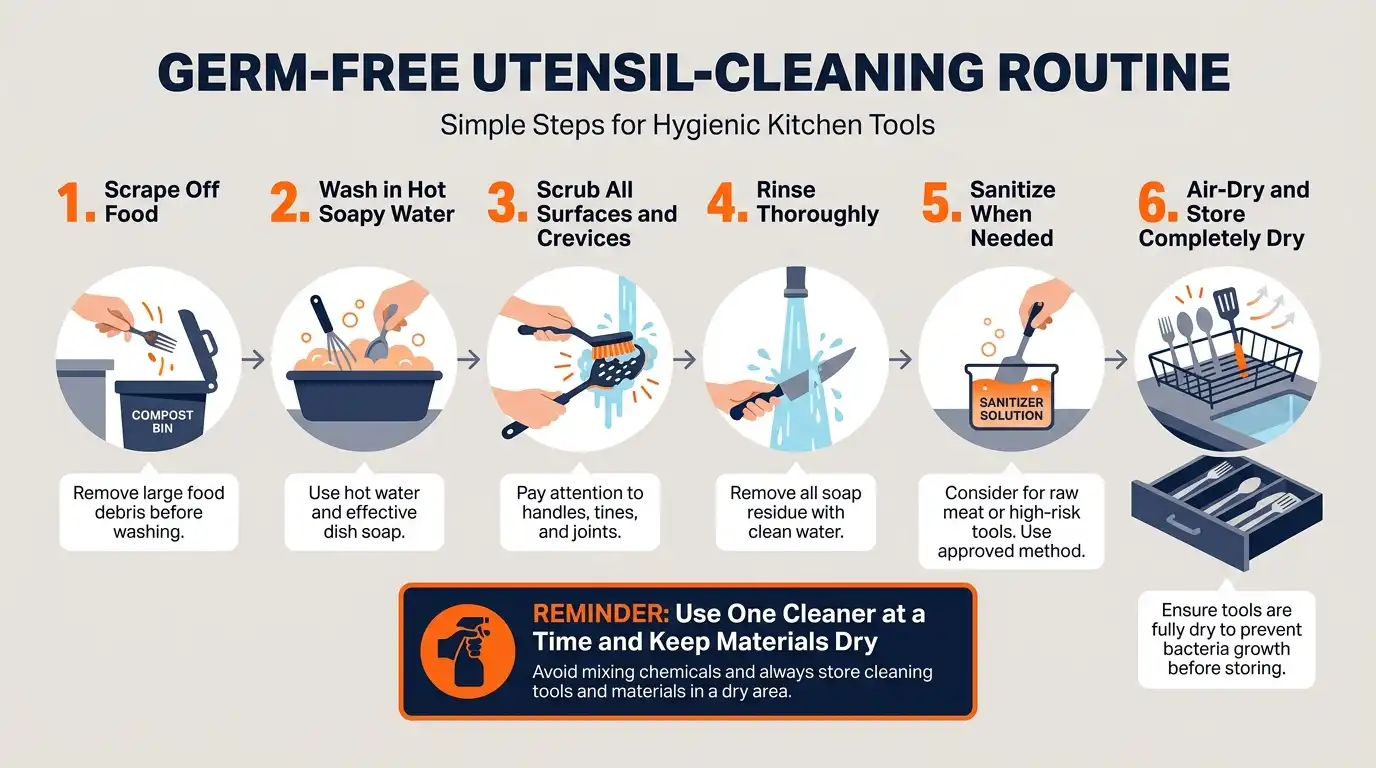 A six-step routine showing scraping, washing, scrubbing, rinsing, sanitizing, air-drying, and safe utensil storage.