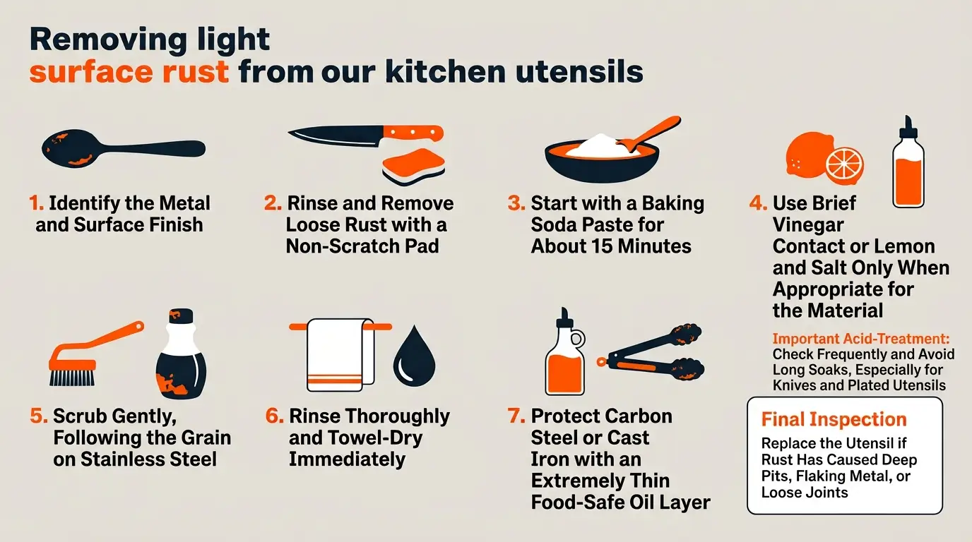 A step-by-step guide showing metal identification, loose-rust removal, gentle treatment, scrubbing, rinsing, immediate drying, and surface protection.