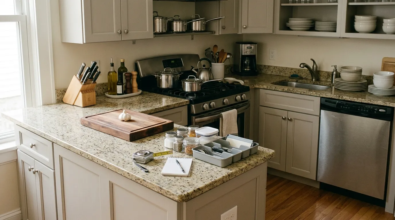 Organized small kitchen with separate food preparation, cooking, and dish storage zones