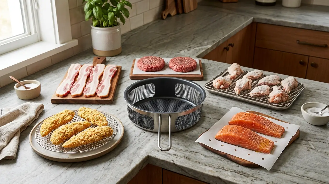 Separate air fryer preparations for bacon, burgers, chicken wings, salmon, and breaded food using lower heat, smaller batches, and light oil.