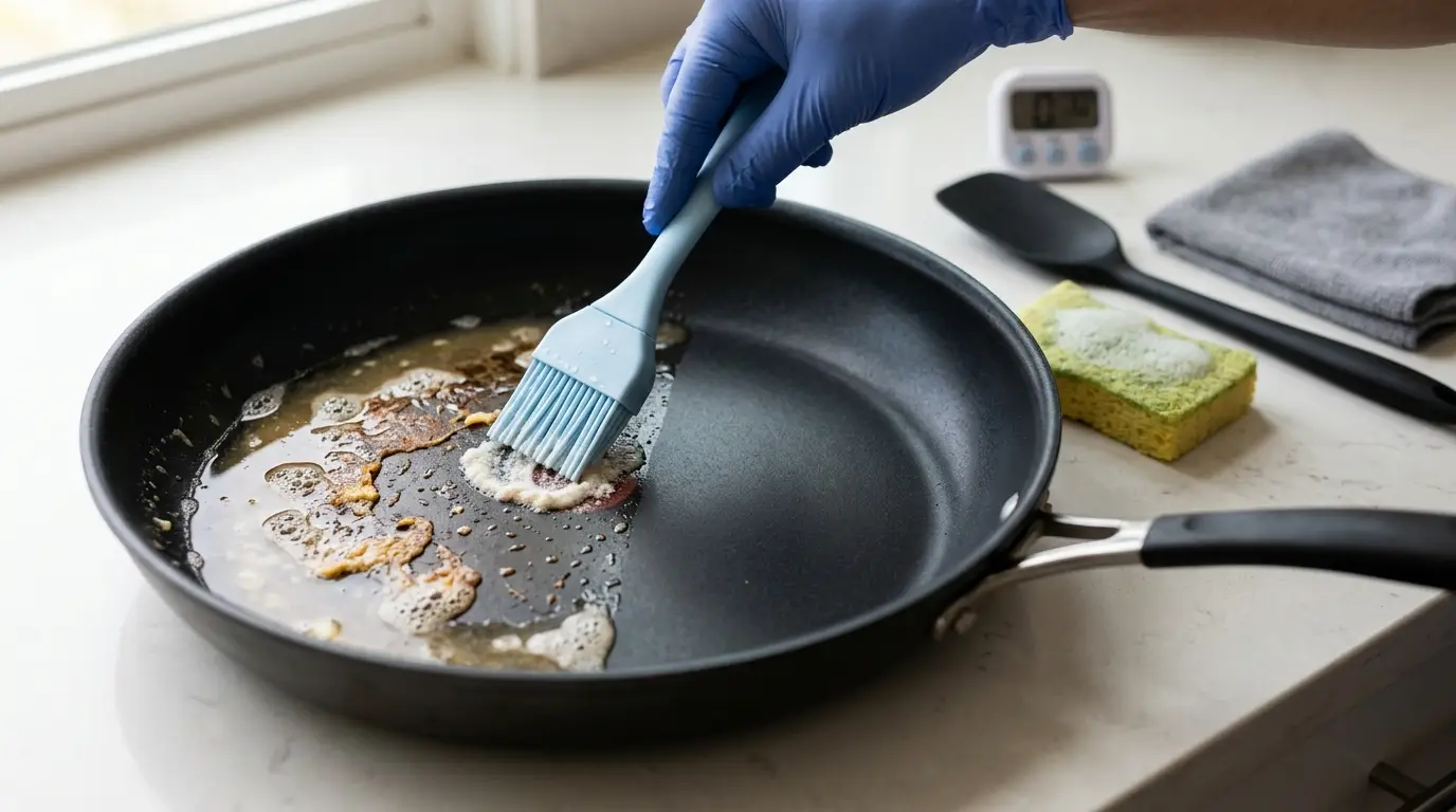 A non-stick pan with softened brown oil residue being cleaned gently using warm soapy water, baking soda paste, and a nylon brush.