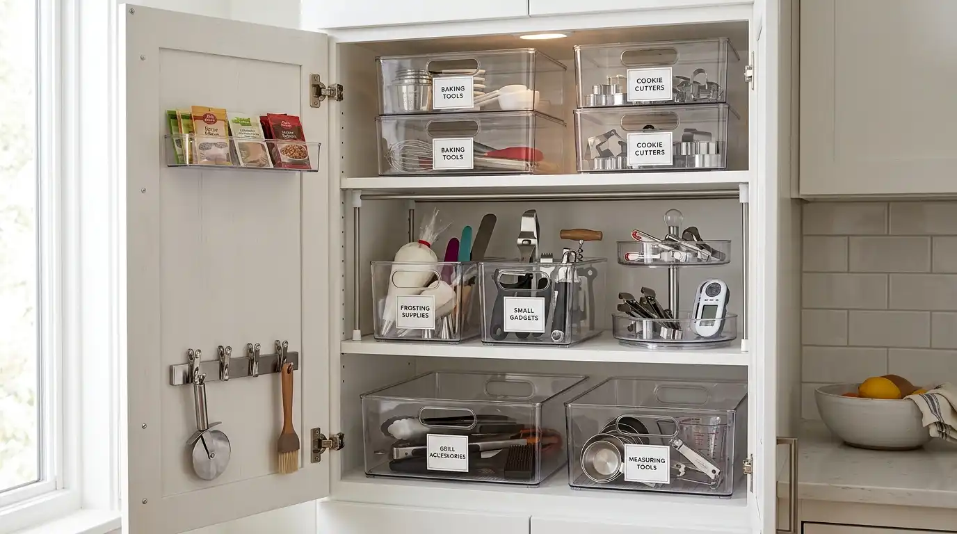 A pantry cabinet organized with clear labeled bins, a turntable, shelf risers, and slim door-mounted kitchen gadget storage.