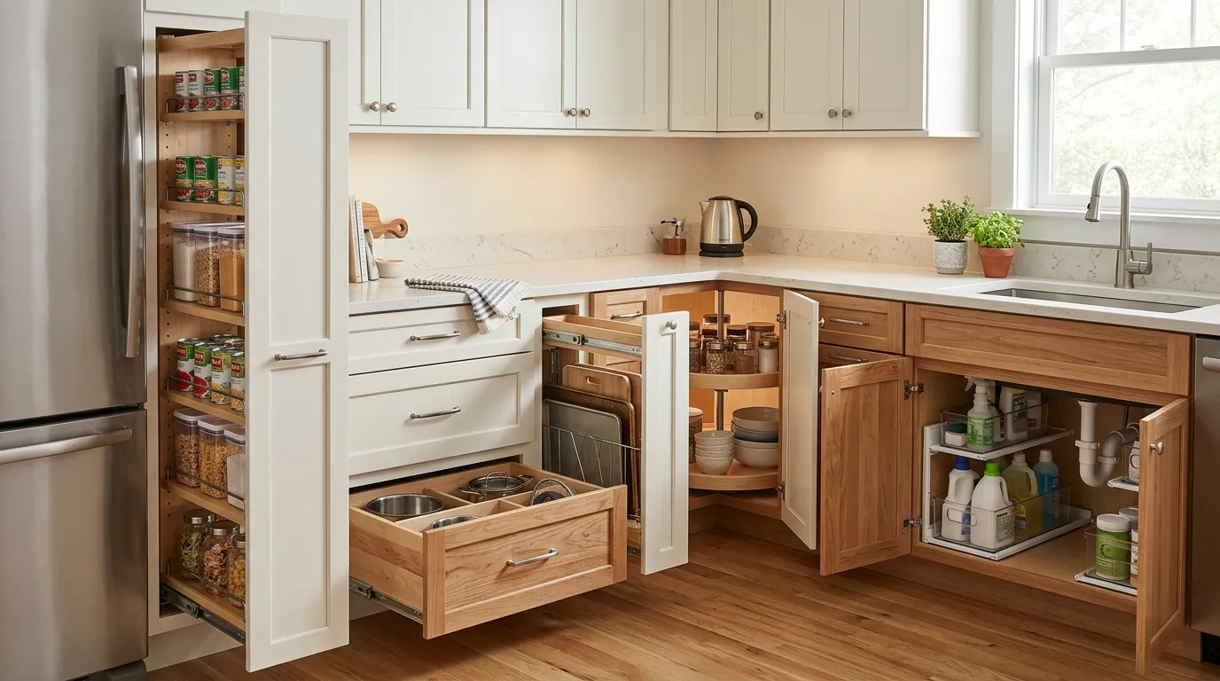 Narrow pull-out pantry, organized deep drawers, vertical baking sheet rack, and under-sink storage in a compact kitchen